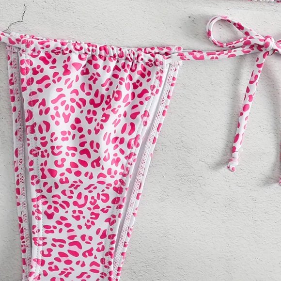 2 Piece Swimsuit, Halter Tide Side Triangle Bikini, Spaghetti Strap - Pink - Picture 2 of 7